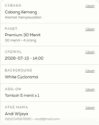 Demo SagaBook menampilkan ringkasan booking dengan data dummy