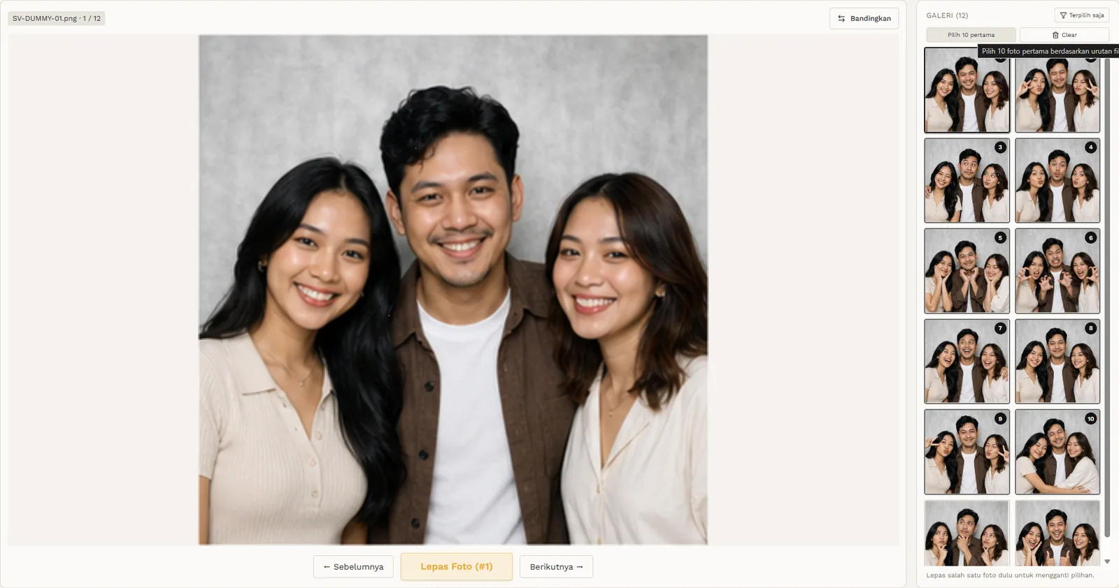 Demo SagaView menampilkan antarmuka seleksi foto dengan dataset dummy